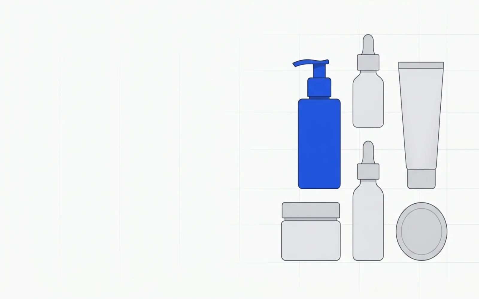 Diagram: an abstract arrangement of generic skincare-bottle silhouettes — pump bottle, jar, dropper, tube, compact — representing a Japanese beauty catalog.