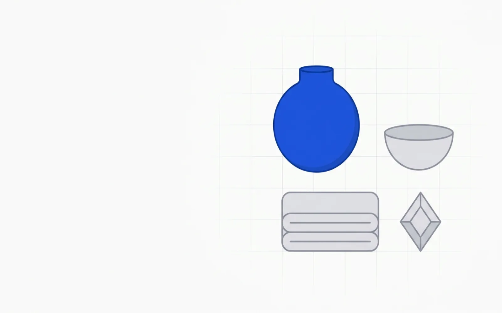 Diagram: an abstract arrangement of generic vessel and textile silhouettes representing a Japanese crafts and lifestyle-goods catalog.