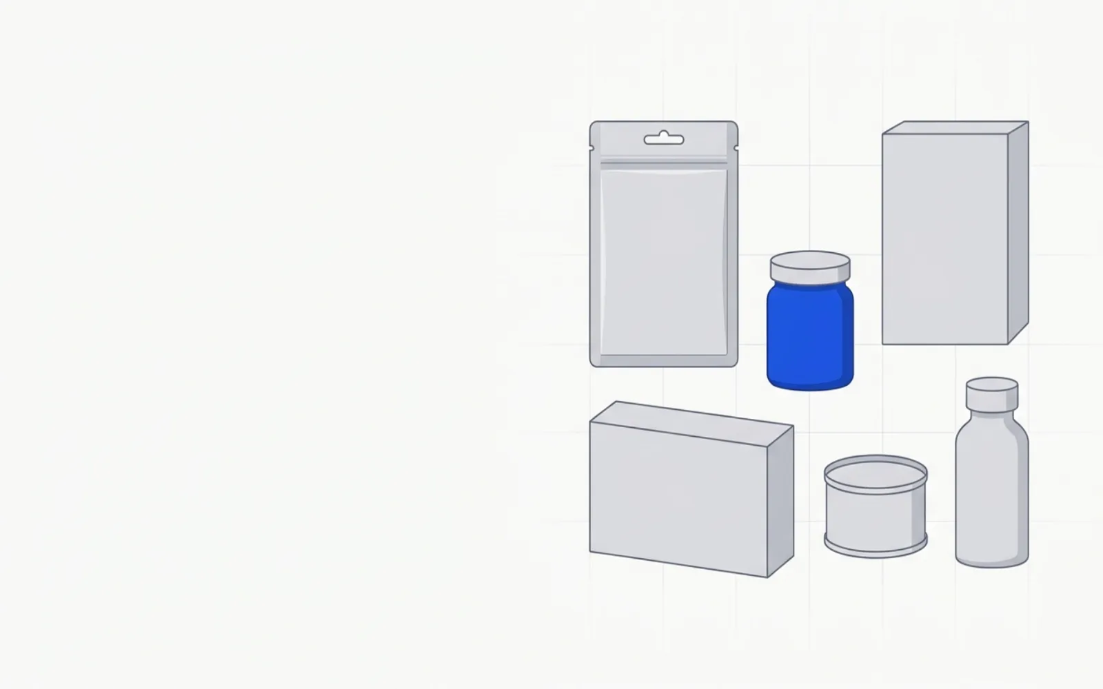 Diagram: an abstract arrangement of generic food-container silhouettes — pouch, jar, box, can, bottle — representing a Japanese food and pantry catalog.