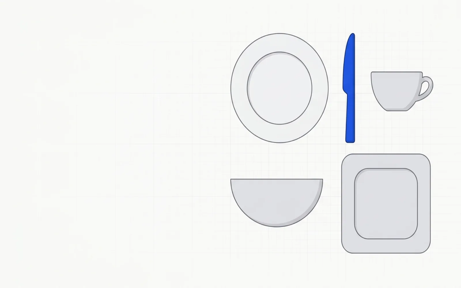 Diagram: an abstract arrangement of generic tableware silhouettes — plate, knife, cup, bowl, serving plate — representing a Japanese home and kitchen catalog.