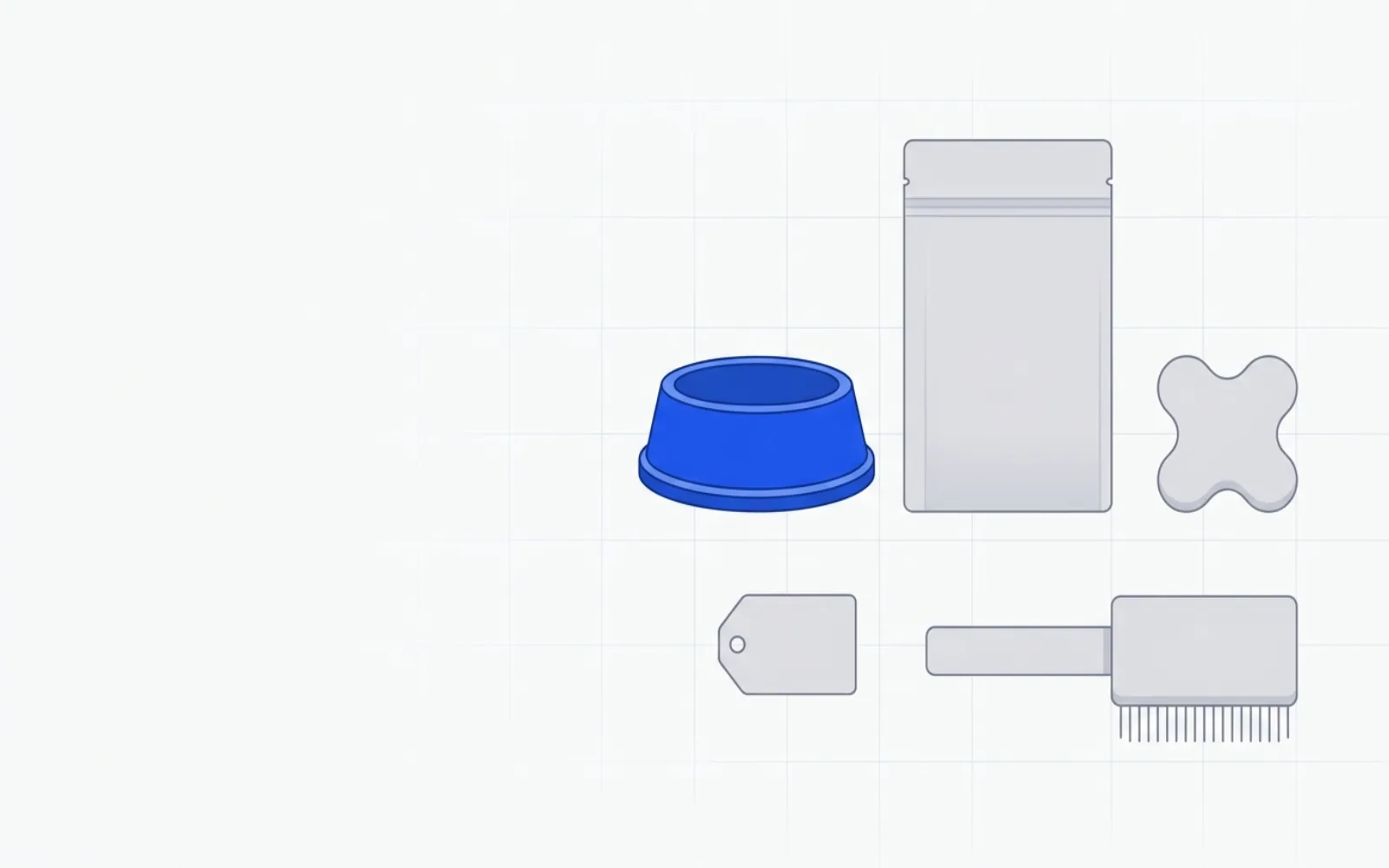 Diagram: an abstract arrangement of generic pet-product silhouettes — bowl, treat pouch, toy, tag, brush — representing a Japanese pet-products catalog.