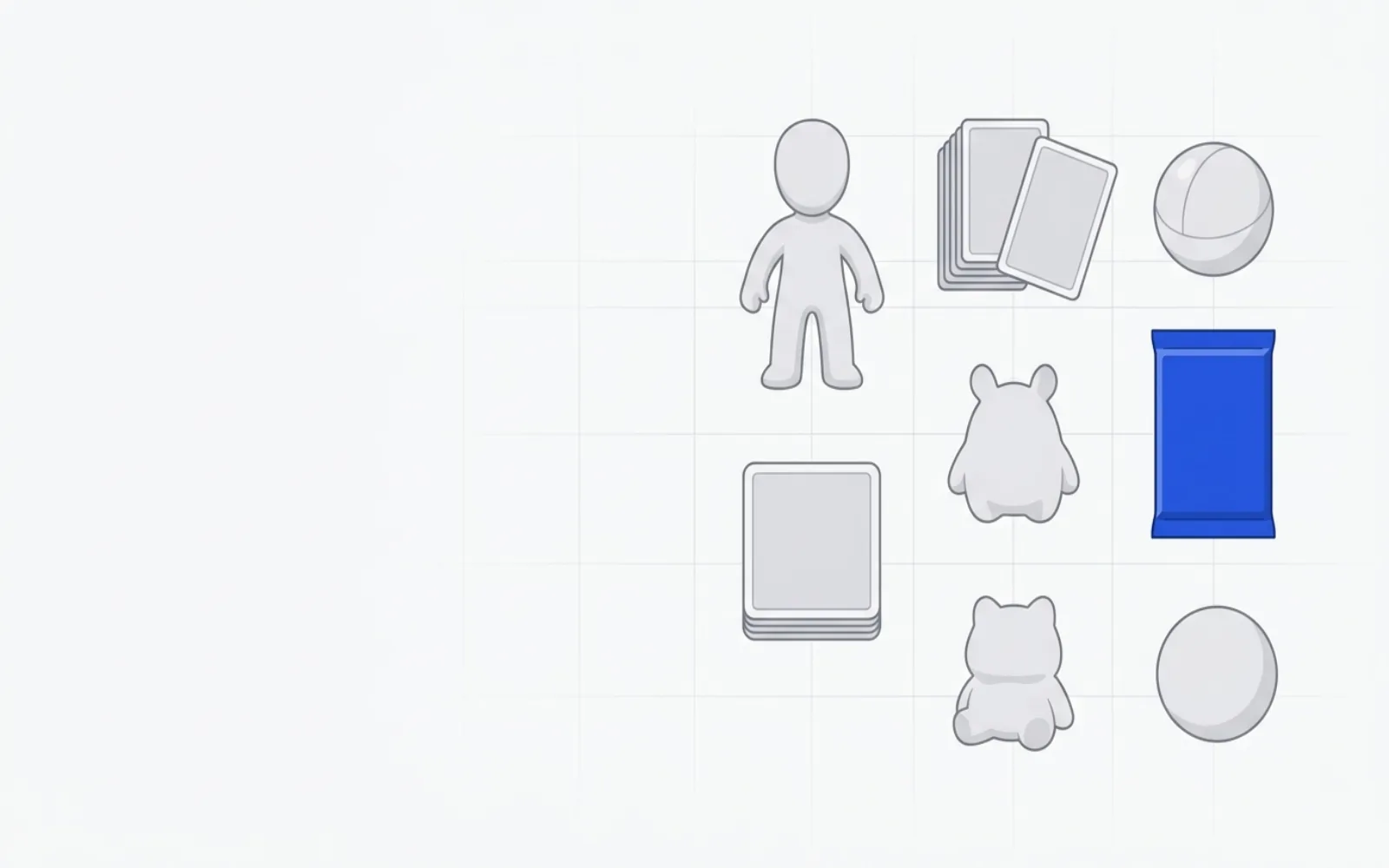 Diagram: an abstract cluster of generic collectible silhouettes — figurine, card pack, trading-card stack, ball, soft toy — representing a Japanese pop-culture catalog.