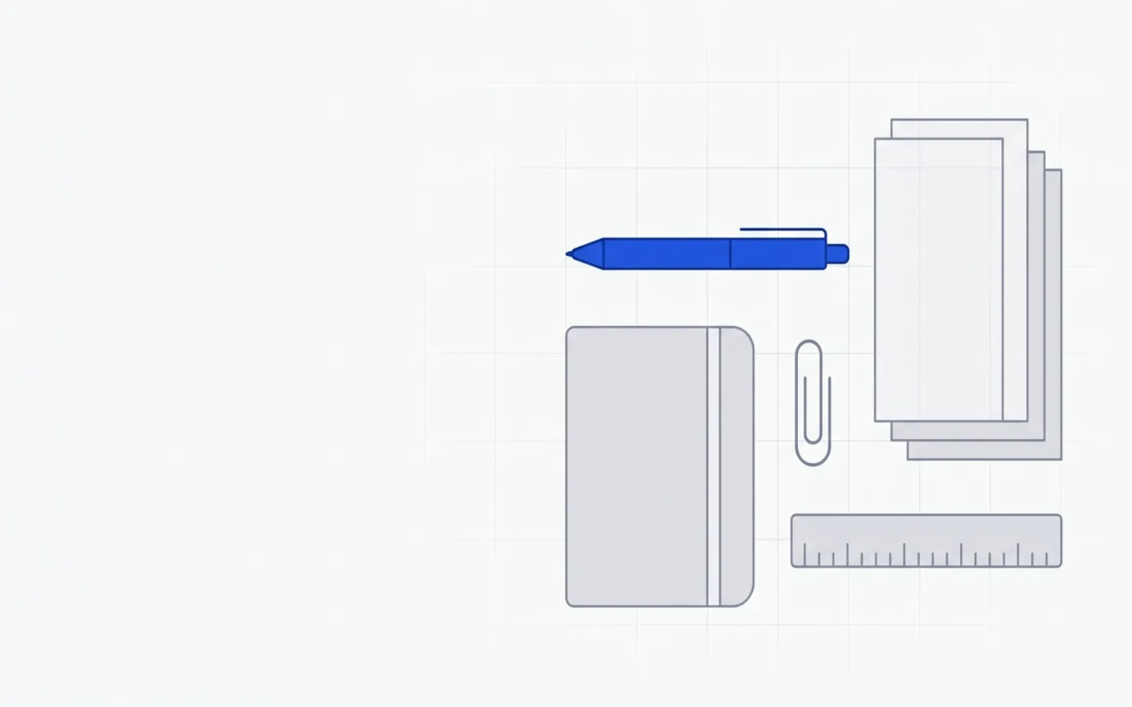 Diagram: an abstract arrangement of generic stationery silhouettes — pen, notebook, paper stack, clip, ruler — representing a Japanese stationery catalog.